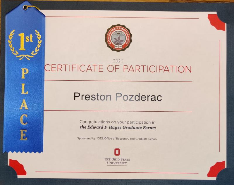 Pozderac's 1st Place Award Certificate